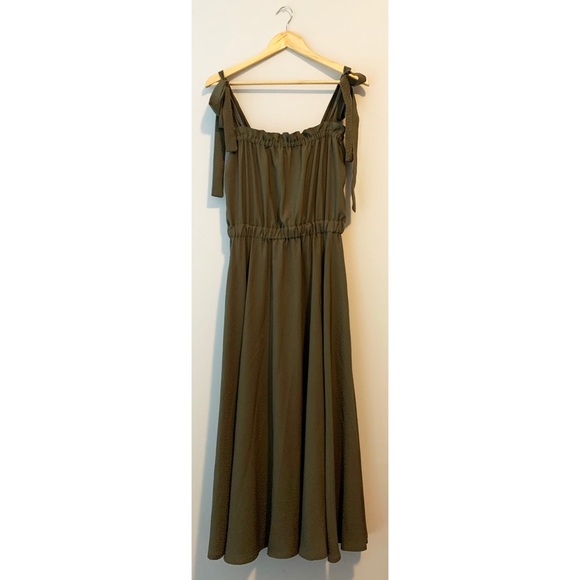 Handmade Custom Rust Clay Olive Green and Red Midi Tie Strap Rayon Ruffle Dress - Picture 13 of 16